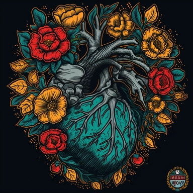 Gothic anatomical Black Heart Clipart with flowers, Anatomical Valentine digital-illustration. No Roots, no vines, no leaves, Solid Background. Flowers and the anatomical heart only. Thin black outline around heart and flowers. Bold, vibrant colors. Solid Background