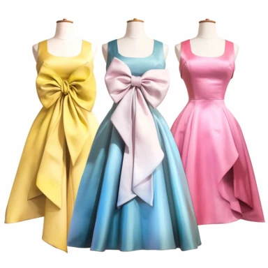 2d illustration of 3 prom dresses, fashion illustration, clipart, illustration, off shoulder wrap dress with giant bows, pink, blue, white, yellow on mannequin, white background, 360dpi,