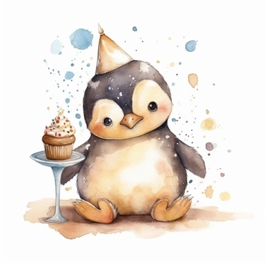 cute watercolor newborn soft beige baby penguin toy smiling with stars and birthday cake, watercolor effect, isolated white background, babyshower clipart, soft beige tones