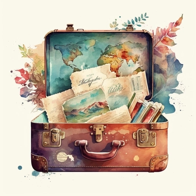 vintage suitcase filled with travel brochures watercolor clipart