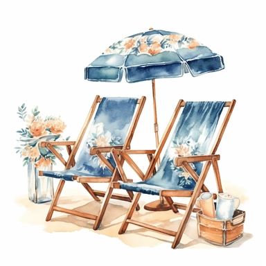 watercolor, hyper realistic, white background with margins, 8k, ultra detailed clipart White and blue beach chairs with floral decorations for the guests