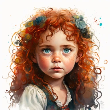 boho little girl, big eyes, Merida,centered, portrait, pose, very detailed and realistic, watercolor, clipart style