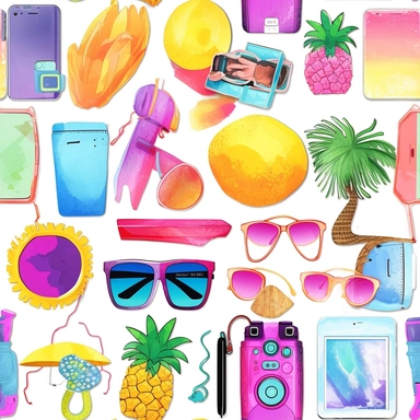 clipart summer vacation gadgets - create 30 gadgets soft watercolor - watercolor gradient - neon colors - high resolution - enough distance between each gadget - high details - distance Flip flop-shaped bottle opener Distance Hibiscus flower-shaped pool noodle Aloha print waterproof phone case Distance Coconut palm tree drink stirrers Distance Pineapple-shaped water sprinkler Tropical fruit-shaped ice cube molds Distance Surfboard-shaped inflatable cooler Distance Tiki mask-shaped waterproof pla