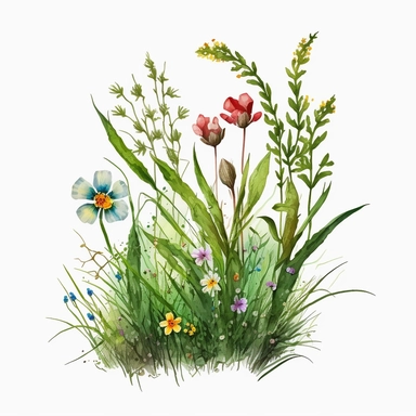 Meadow flowers growing from green grass, clipart style, watercolor technique, super high quality, professional watercolor clipart, high resolution, isolated white background, 8k