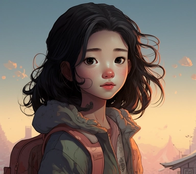 Blend of comic book art and lineart in a flat full color children's book in the style of Laurie Greasley illustration. Aya, an eight-year-old girl who recently immigrated to the United States from Japan. Despite the challenges of starting over in a new country, Aya is a brave and adventurous spirit. She has a fair complexion, with rosy cheeks that glow with excitement when she explores her new surroundings. Her hair is long and straight, jet black in color, and often tied back in a high ponytail