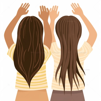 clipart of bestfriends, cute, girl friends, holding up a hand and forming a heart shape together, facing backward, long hair, tanned skintones, white background