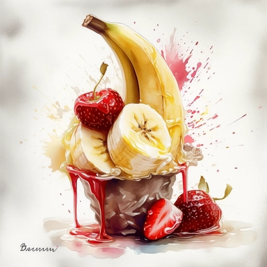 Indulge in the mouthwatering delight of a watercolor illustration capturing the essence of a luscious [banana] ice cream. This delightful clipart brings together the whimsy of a cartoon style with hyper-realistic details, creating a truly tempting treat for the eyes. Every brushstroke showcases intricate details, from the glistening texture of the ice cream to the vibrant red hues of the ripe [banana]. Isolated on a pristine white background, this high-quality artwork is perfect for various appl