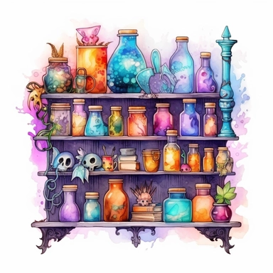 Witches PotionShelf Watercolor dreamy Clipart, pastel-core purple turquoise blue orange red yellow Magical Mystical Art, Fantasy Clipart, Witchcraft Potion many details style of Demizu Posuka no people