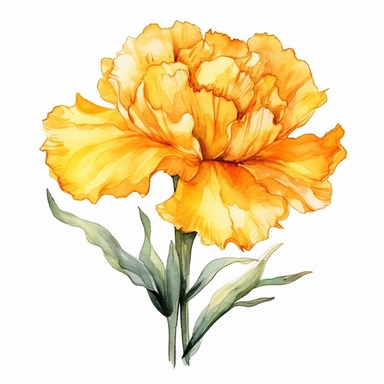Watercolor yellow carnation clipart on a white background in the style of feminine sticker art, Tanya Shatseva, storybook illustration, bright yellow and golden hues, Georgia O'Keeffe, flower and nature motifs, colored line art, colored outlines, cottagecore design, watercolor on white background, ombre, sunny tones, colored line art, colored outlines, iridescent ombre, gradient shading, symbol of cheerfulness, vibrant digital art oil paint photorealism, an illustration of a colored flower, meti