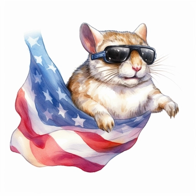 Flying squirrel is gliding, wears American flag scarf and sunglasses, closeups shot, low angle, watercolor style, hyper-realistic animal illustrations, 2d game art, quadratura, clipart, on white background,