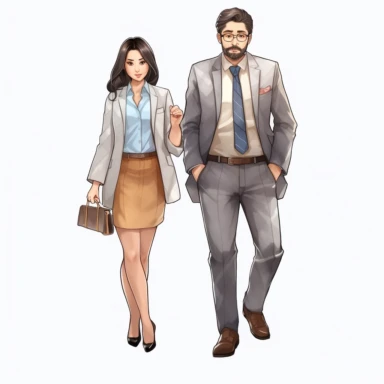 watercolor, the big boss, businessman and businesswoman, business clothes. The concept of office workers, directors, and subordinates png Full body realistic cartoon in 32K UHD cute. 15 cm thick outline. Black color. There was no shadow on the ground. 8k with realistic watercolors and detailed illustrations. PNG clipart, transparent white background