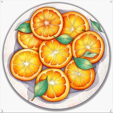 png clipart on a white background of a mesmerizing watercolor clear-lined illustration. The composition is central with a clear outline using bold and saturated complementary colors in the style of 2d anime, the illustration is realistic and detailed depicting a plate of juicy halved oranges--s 1000