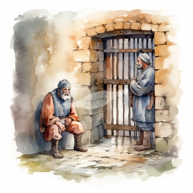 peasant looking sad in a medieval dungeon with a guard outside the cell watercolor clipart no fonts nor words no letters