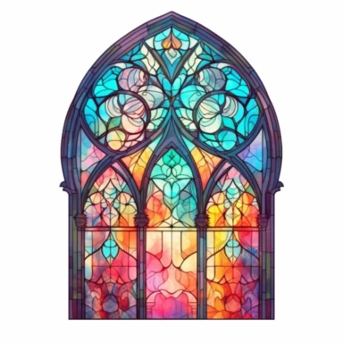 an intricate stained glass window design clipart, in the style of pastel gothic, #screenshotsaturday, reimagined religious art, multiple shapes,islamic art and architecture, watercolor illustrations, no background, vibrant colors, sunshine coming in through the glass