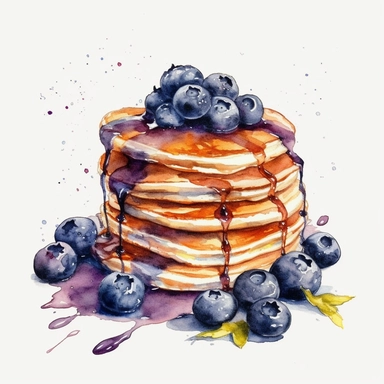watercolor blueberry pancakes clipart, hd on white background, spaced out ar 3:2