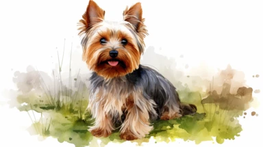 hyperrealistic ultra detailed watercolor clipart, Yorkshire terrier dog in the park like in a children's book, white background, in the style of digital print, clipart, illustration, sticker, ultra high definition, rich details, 32K, HD