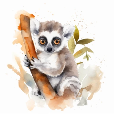 a delightful watercolor clipart image with a white background and vibrant colors, portraying a cute lemur playing. the ultra-detailed, hand-drawn elements capture the camaraderie and playfulness of the lemur. Use shades of gray, brown, and orange to create a visually appealing and lively image that conveys the spirit and liveliness of the lemur community.