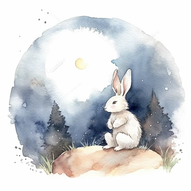 watercolor, hyper realistic, white background, white margins, 16k, ultra detailed clipart, cut out image, hand-drawn watercolor, hyper realistic, white background, white margins, 16k, ultra detailed clipart, cut out image, hand-drawn bunny rabbit sitting on the moon, in the style of dreamy watercolor scenes, the stars art group (xing xing), magali villeneuve, dark blue and yellow, childhood arcadias, moosa al halyan