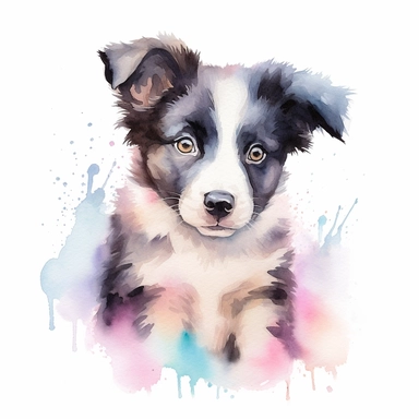 A watercolor painting clipart of a cute baby border collie, rendered in delicate rainbow pastel watercolor tones.