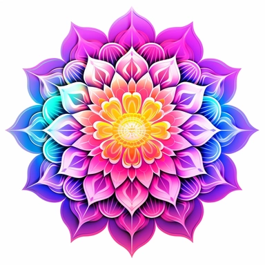 Clipart. White background. Vibrant neon mandalas illuminate the foreground with their intricate and mesmerizing patterns. The bold use of neon colors adds an electrifying energy and modern aesthetic to the traditional art form, symbolizing the dynamic nature of cultural evolution and artistic expression. Delicate lotus flowers, sacred geometric shapes, or subtle references to spiritual concepts enhance the depth and meaning of the artwork, inviting viewers into a meditative and transformative ex