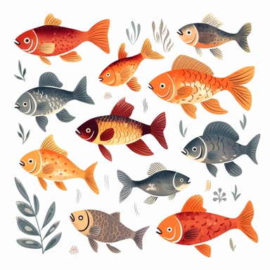 pond fish clipart set, whimsical and cute hand drawn illustration, playful expression, rounded shapes, isolated image white background