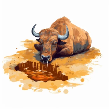 Buffalo, adult, wallowing in a mud pool, vibrant colors, clipart, on a white background.