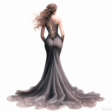 An elegant fashion girl, dressed in a striking Haute Couture mermaid gown with a high-necked lace bodice, is seen from behind, her silhouette accentuated, her face shielded from view. Clipart, color pencil illustration.