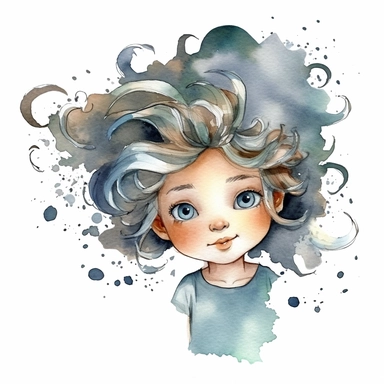 watercolour clipart of a girl, with crazy brawn hair, blue-gray eyes, the sweet and scatterbrained dreamer, with a great sense of humor. She immerses herself in the world of digital design, creating exquisite papers for scrapbook albums. Though she may of