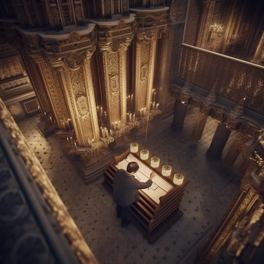aerial view photo of a Jewish apostle is reading the Torah scrolls in the Temple of the ancient Jerusalem, gold ornaments on walls, focal length 85mm, Canon, real photo, hyper realistic, high quality, high detailed, Realistic, 4k, ultra detailed, cinematic lighting, natural blur, photorealism, cinematic rendering, ray tracing, highest quality, highest detail, Cinematic, bokeh, Moody Lighting [bad art, strange colors, sketch, lacklustre, lowres, deformed, childrish, ugly, out of frame, extra fing