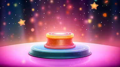 a cartoon illustration of a pedestal base with decorative trim on a colorful abstract sparkley stars background, spotlights pointing at it, clipart, rendering, bokeh rounded shapes