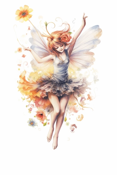 detailed pastel pencil illustration of cute flower fairy, dancing, clipart, plain isolated white background, 8k ultra detail high sharpness