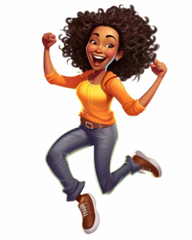Cartoon ad style happy smiling African American Kelly Rowland black girl magic Norman Rockwell style Clipart Full body shot from head to toe centered Brown skin African American black girl magic Kelly Rowland version with messy bun, the boss lady clipart , vector art image, in the style of feminine interiors, video collages, aquarellist, whitcomb-girls, bright summer colors, kitty lange,