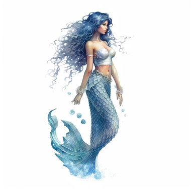 watercolour clipart of beautiful mermaid, blue, looking at viewer, highly detailed, depth of field, detailed character illustrations, fantasy illustration, full body, various poses, multilayered realism UHD, 8K, 3D, solid white background