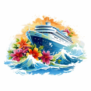 cruise ship digital painting style, sea wave in front of it, vibrant and colorful hibiscus flowers on one side, detailed clean vector image, flat white background, illustration, clipart