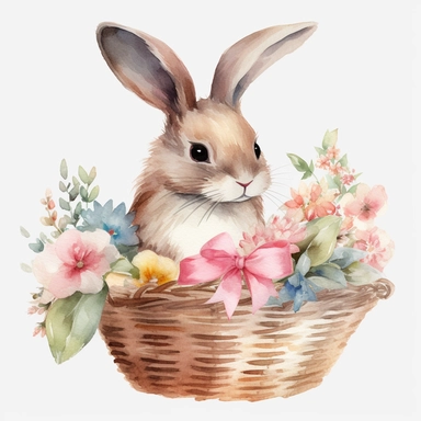 Easter rabbit with a pink ribbon around neck sitting in a wicker basket full of painted eggs an spring flowers watercolour clipart, highly detailed, clip art, watercolor art, realistic, 8k, high definition, hyper realistic, separate elements, illustration, strong white background, transparent background, white #000000 background, art