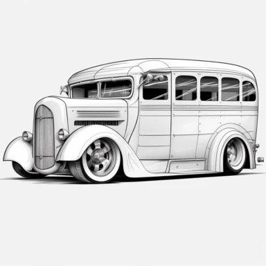 hot rod schoolbus : black and white line art, white background, flat, single image clipart style