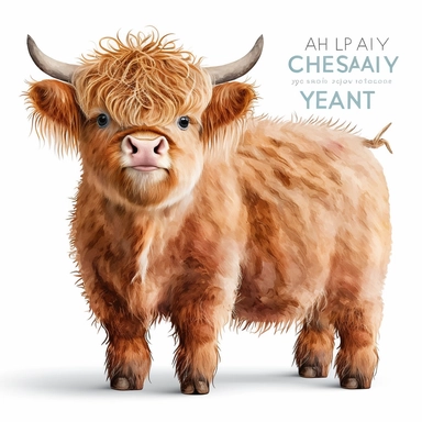 Highland Cow Watercolor Clipart, Cute Baby Shower Graphics, Nursery Decor Wall Art, Scotland Farm Animal , big eyes on a white background with margins + 2D