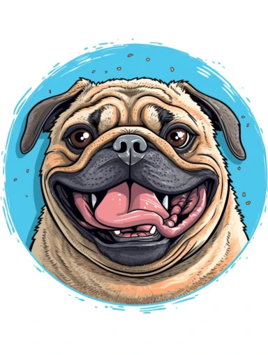 Obese Pug Dog with a smiley t-shirt on. Clipart-style. High detailed. Color contrast. Super-Resolution