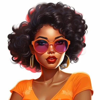face of a beautiful black girl from the 50s, stunned, afro hairstyle, sunglasses loosely on her nose, makeup in warm vibrant colors, she looks smiling at her face with a finger as if advertising her makeup, clipart, white background, Pixar style,--v 5