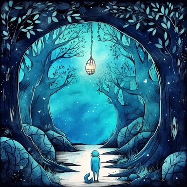 Create One clipart inspired by night dog walking alone: The clipart exudes a cozy ambiance, with a sense of warmth and tranquility. It invites viewers to imagine themselves wandering through this magical nature, discovering its secrets and encountering fantastical creatures.cozzy watercolor style. in 4K. so it can be used in fantasy books. beautifull coloring