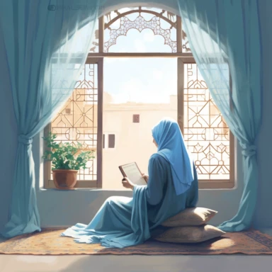 back view of a beautiful Hijabi girl wearing a baby blue hijab, reading a book that covers her face while is sitting in her moroccan house and a window is open, no face is showing, clipart illustration, digital illustration style, very detailed,