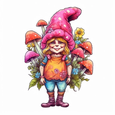 A delightful, hand-drawn clipart image of a friendly female gnome with no beard, dressed in a charming, brightly colored ensemble, sporting a tall, pink pointy mushroom hat, and standing with a welcoming smile, mushrooms and flowers, presented on a transp