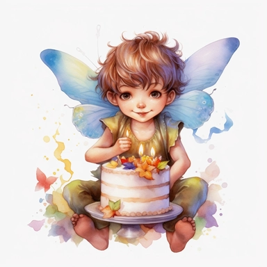 beautiful fairy boy Birthday, illustration clipart, high detailed, white background, digital art, watercolor, hd