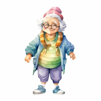 a watercolor clipart image with a white background, featuring a cute sweet extremely happy cartoon grandma, full body