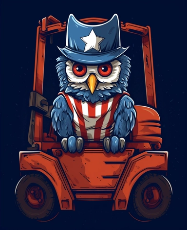 Showcasing a cartoon owl as a forklift operator, with the design incorporating patriotic motifs and symbols representing the United States. The overall design can appear polished and poignant, with the owl proudly operating the forklift, that can be used as a sticker, colorful, highly detailed, with a white background, in the style of Pixar clipart, and no cut off edges.