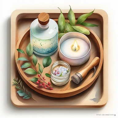 watercolor by nita engle clipart, a wooden tray with spa items and candles, white background