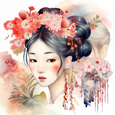 watercolour clipart of beautiful Japanese Geisha Watercolor Clipart Bundle, hair tucked behind pointy ears, detailed character illustrations, fantasy illustration, close - up, multilayered realism, goblincore, delicate flowers, forest greenery, enchanted, pretty, majestic, magical, detailed, face only, UHD, 8K, 3D, solid white background