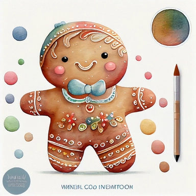 A watercolor painting of cute christmas gingerbread man, christmas gingerbread man, christmas gingerbread, cute detailed digital art, inspired by nicoletta ceccoli, by Kubisi art, whimsical and cute, by nicoletta ceccoli, cute detailed artwork, glimmering, adorable and whimsical, whimsical art, Clipart style, png style, svg style, blank white background, a solid white background