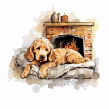 watercolour golden doodle nestled on a cozy brown dog bed on the right side of image, in the distance there is a crackling fire in a fireplace, clipart, earth tones, white background, spaced out