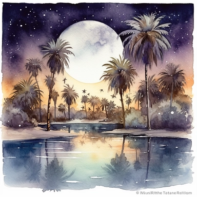 clipart style, watercolor scene of An enchanting illustration of an Enigmatic Desert Oasis, showcasing a moonlit night sky with stars scattered across the expanse. A cluster of palm trees surrounds a serene oasis, their reflections shimmering in the tranquil waters. A camel peacefully rests nearby, adding to the sense of mystery and tranquilityt, HD, on white background